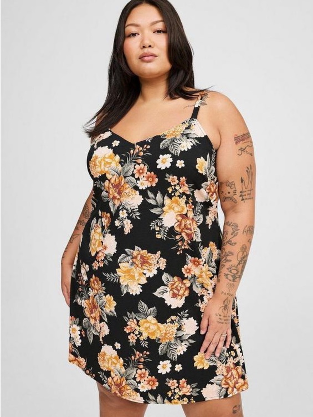 Torrid Black Yellow Floral Challis Cami Sundress Adjustable Straps 2X Size 2